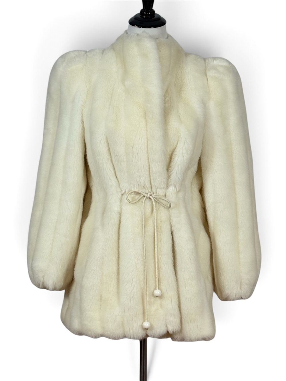 Vintage Sassoon New York Paris Ivory Faux Fur Coat Glenoit Belted Size 10